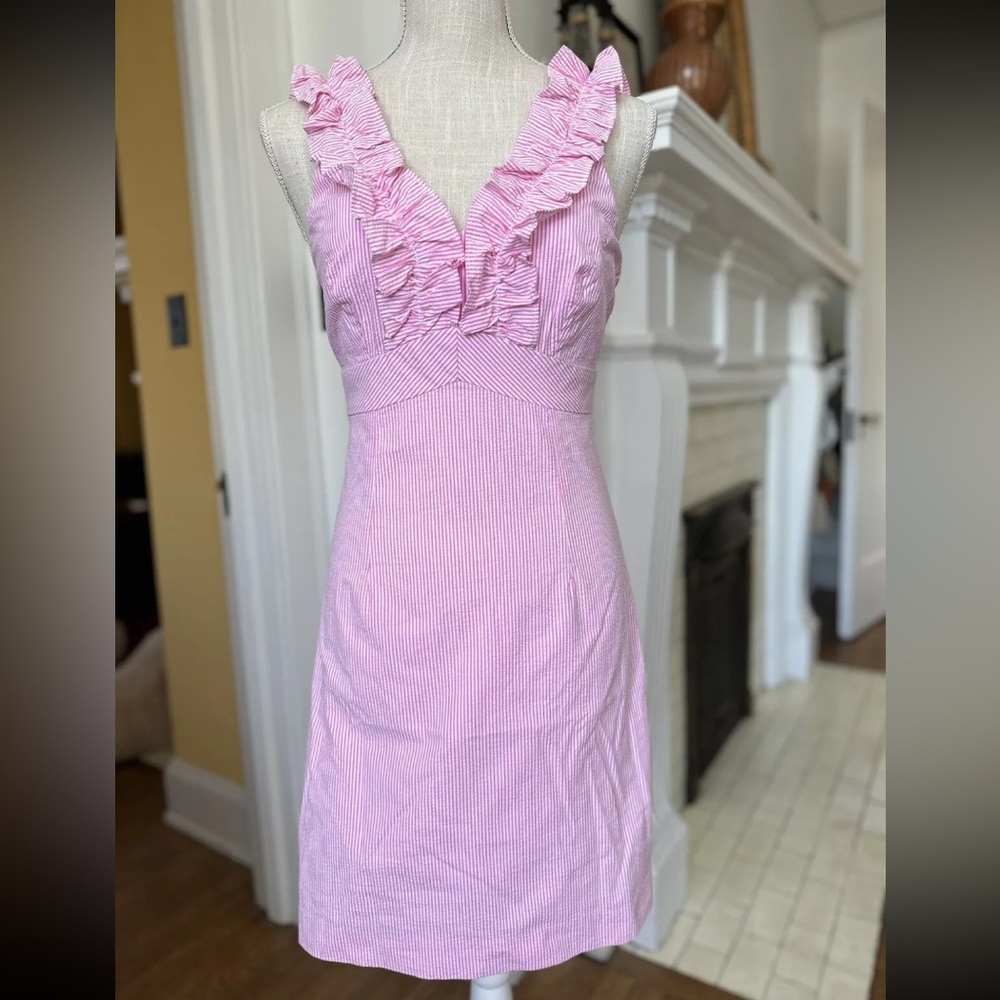 Lilly Pulitzer Phoebe Lucky Seersucker Pink Striped Ruffled Sundress size 0